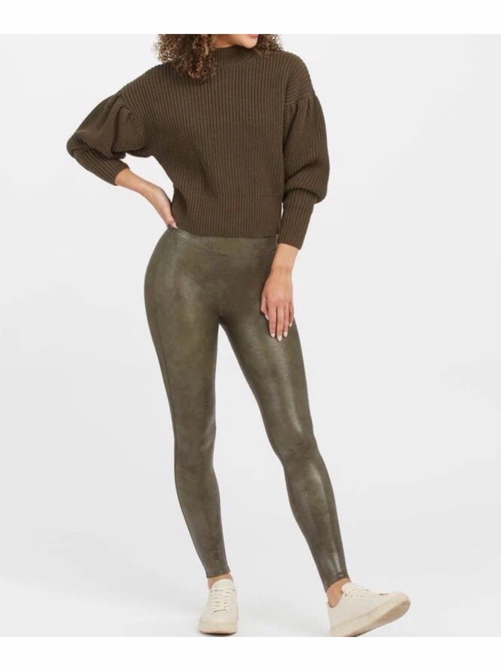 SPANX Olive Faux-Leather Metallic Leggings size small